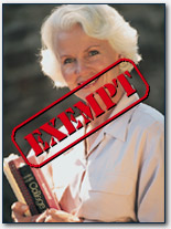 A smiling older woman with the word EXEMPT stamped across her face.