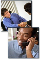 Two photos, one of someone talking on the phone and one of someone talking to someone who is seated at a desk