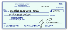 A check with "Pay To the Order Of" line reading:  Disabled Jane Doe's Family